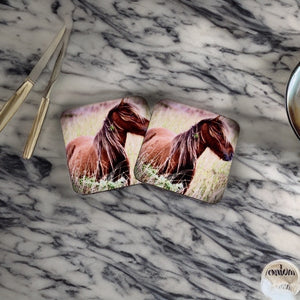 Charming Wild Horse Glossy Wooden Coaster Set