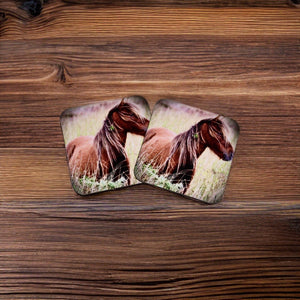 Charming Wild Horse Glossy Wooden Coaster Set